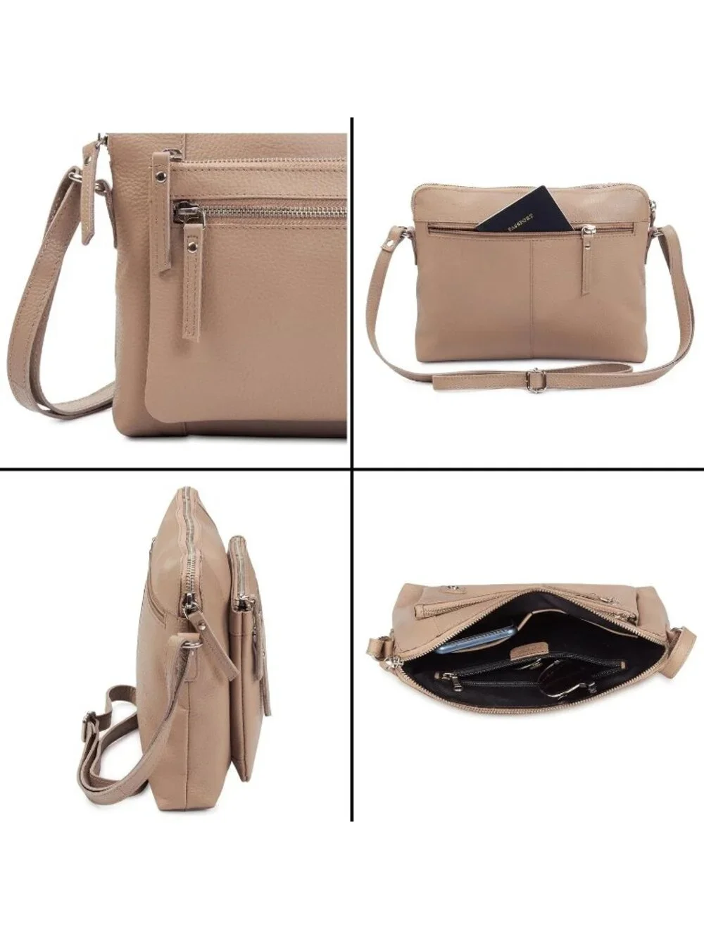 Women's Taupe Genuine Leather Sling Purse with Adjustable Strap Crossbody bag